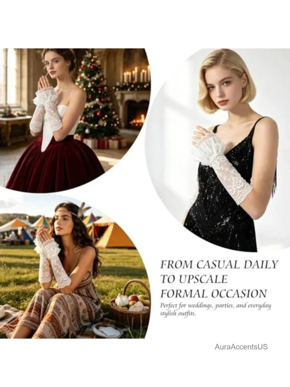 Fingerless Lace Gloves - Floral Arm Sleeves for Women Wedding Opera Tea Party